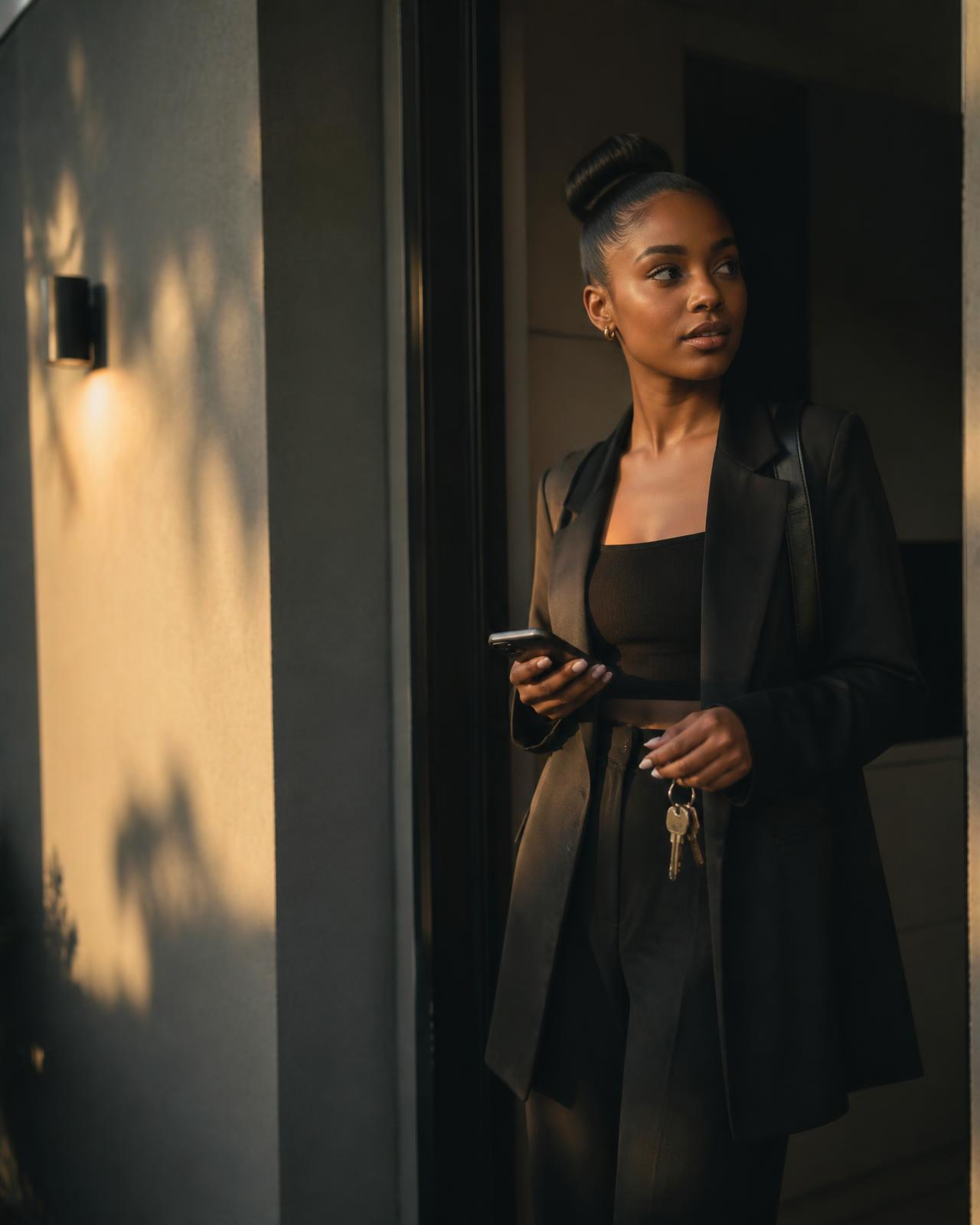 A South African tenant holding her keys and phone at the door of her new apartment