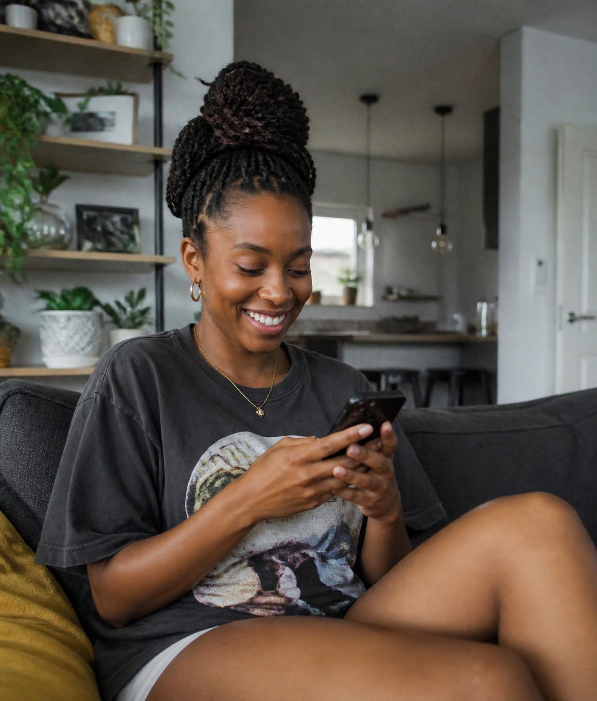 A South African tenant checking her RentGuard Nexus app at home